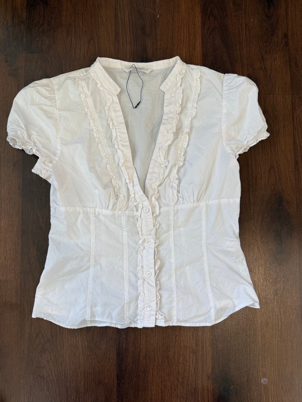 Zara NWOT Poplin Ruffle Blouse White Sz L Coquette Y2K Victorian Romantic Boho